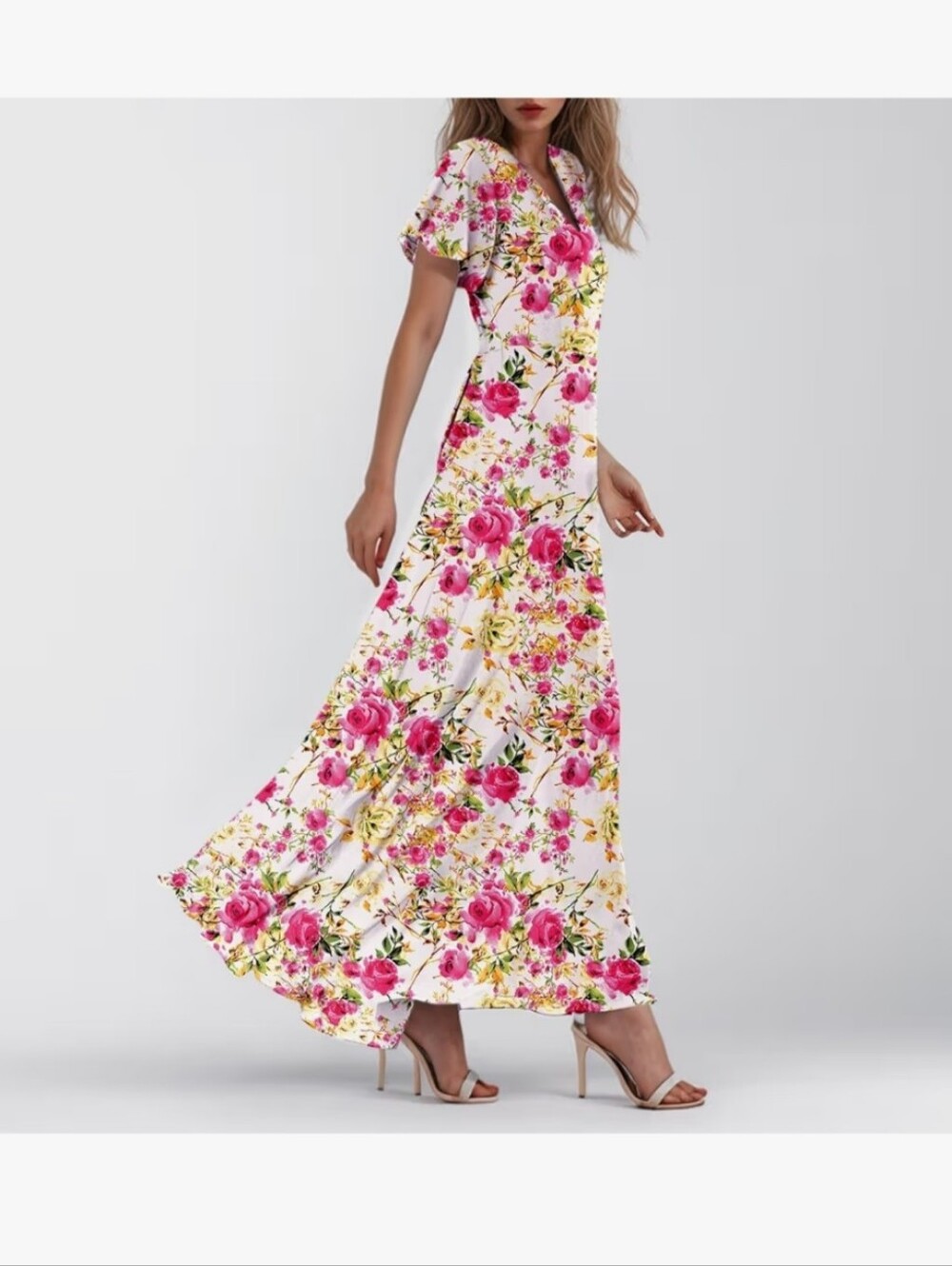 Pink Floral V-Neck Maxi Dress #47 - Picture 2 of 3